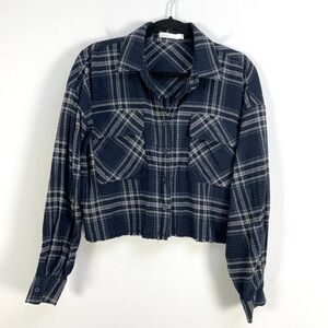 💙🖤Oak + Fort Oversized Cropped Plaid Long Sleeve Shirt (NWT), Size XS